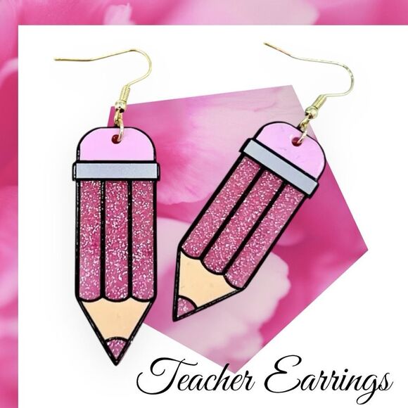 NWT Cute Teacher Student Pink Glittery Pencil Shaped Dangle Earrings - Picture 1 of 5
